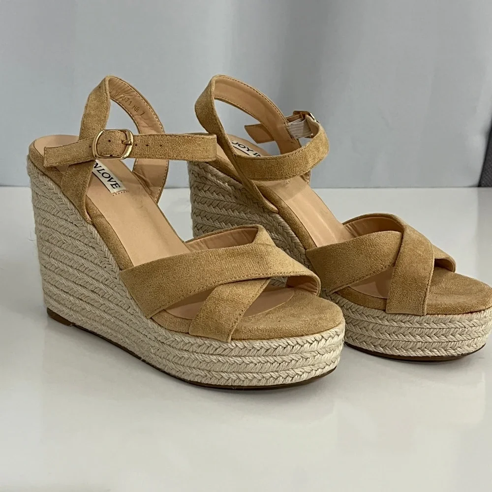 JOY IN LOVE Espadrille Wedge Sandals Women 7 Tan Solid Platform Summer Boho Heel